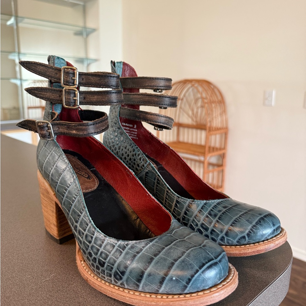 Freebird Blue and Brown Heeled Pumps with Ankle Strap